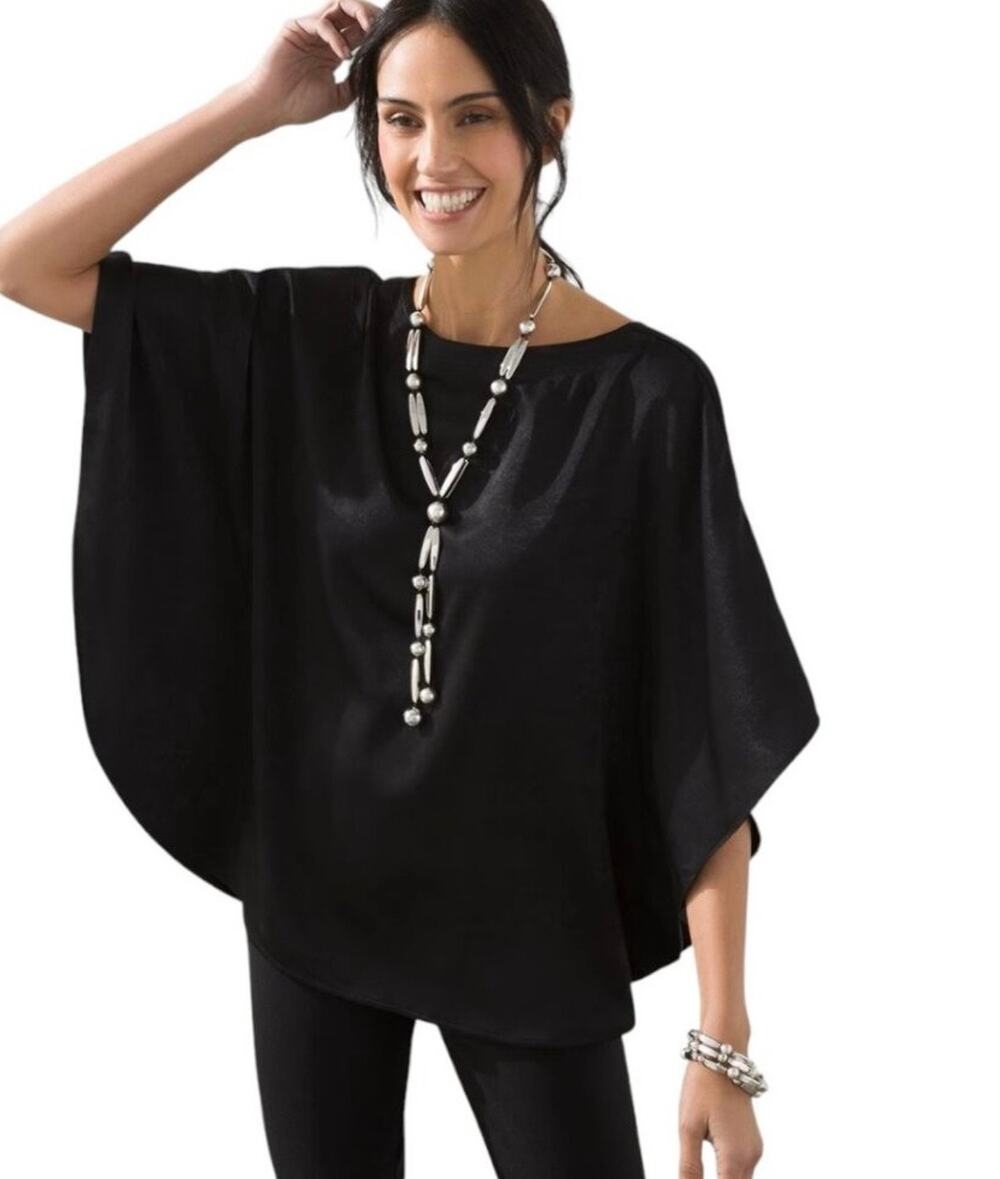 Chico’s Chianti Black Silky Batwing Poncho Style Blouse Top Small Medium NWT